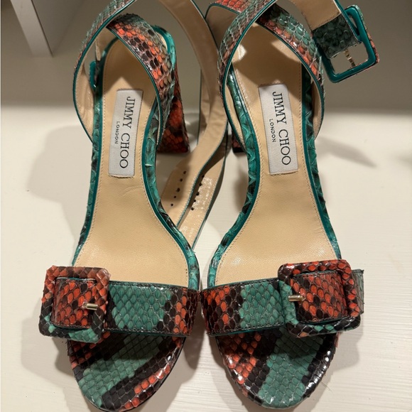 Jimmy Choo Dacha 85 Snakeskin Python Green Orange Buckle Heel Sandal - 38.5 - Picture 2 of 4